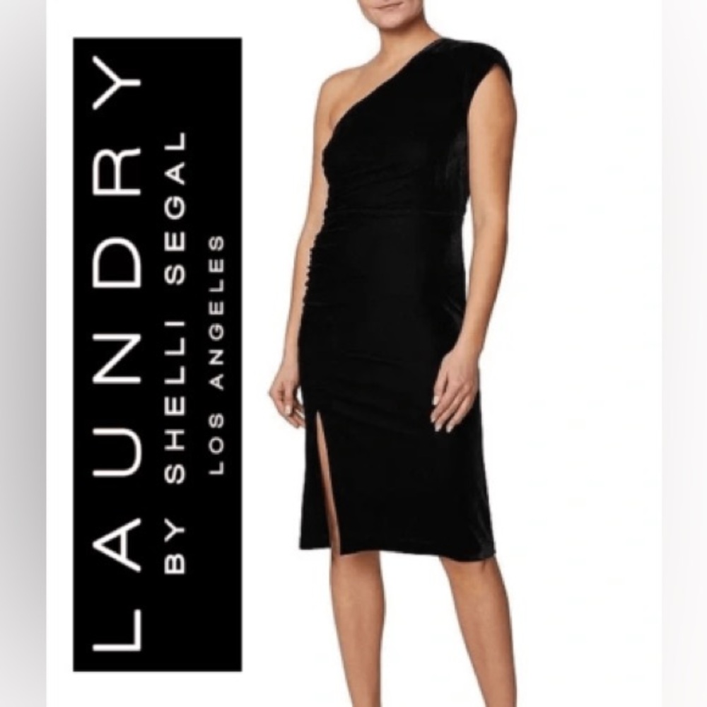 Laundry by Shelli Segal Velvet One Shoulder Side Slit Dress Black Size 4
